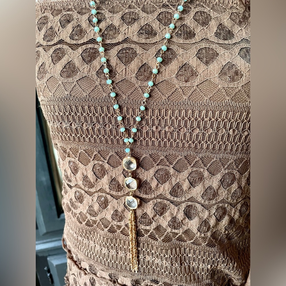 Long Turquoise Gold Small Linked Bead Necklace With Crystal Tassel Drop
